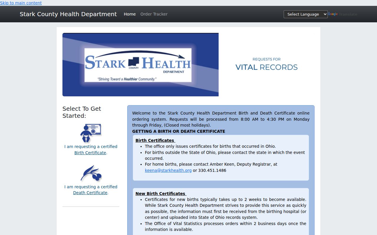 Stark County residents directory vital records ordering screen